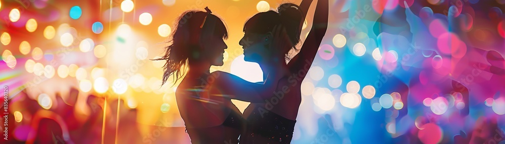 Lesbian couple dancing together at a vibrant music festival focus on excitement and joy dynamic Multilayer festival backdrop Lesbian couple dancing together at a vibrant music festival focus on excitement and joy dynamic Multilayer festival backdrop