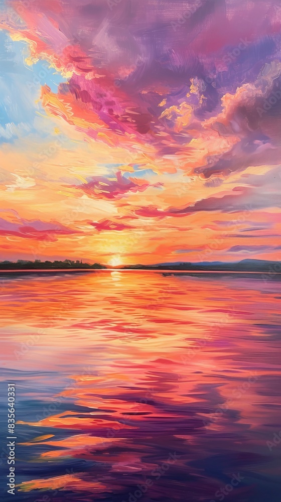 Vibrant sunset over calm lake with colorful sky and reflections