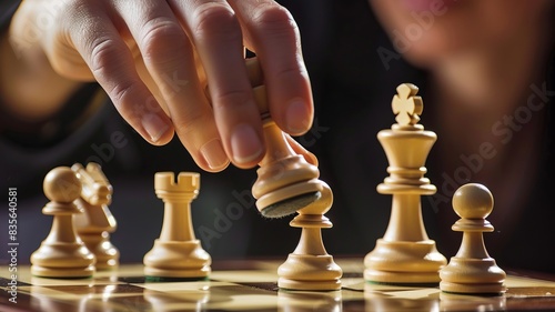 A hand is moving a white chess piece on a chessboard.