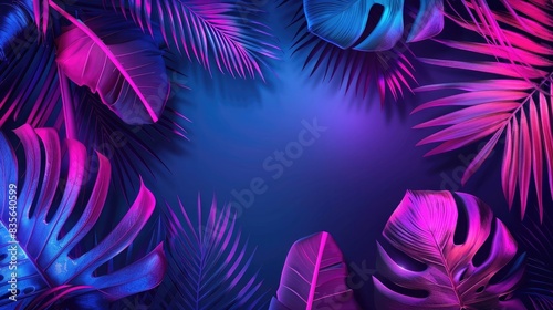 Neon background with tropical leaves