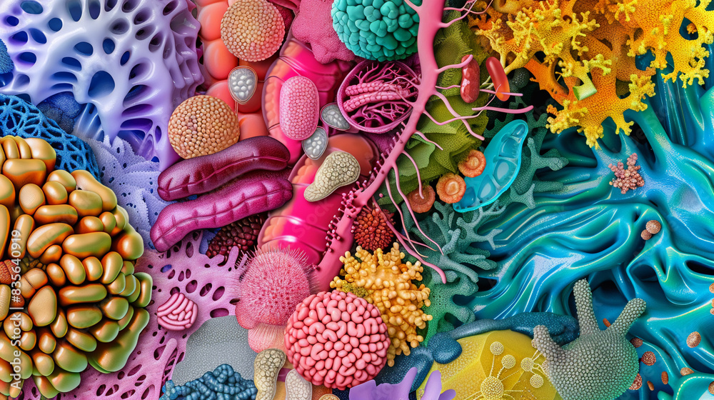 Show the diversity of gut microbiota in a colorful abstract composition, super realistic Show the diversity of gut microbiota in a colorful abstract composition, super realistic