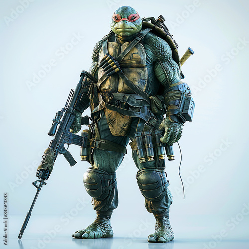Fighter Turtle with gun cartoon. 3D Army Turtle Soldier cartoon with weapons