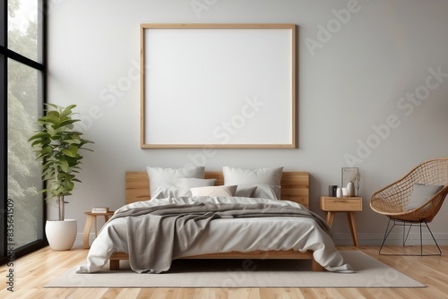 Interior home of bedroom with blank frame poster mock up and wooden bed on white wall copy space © free