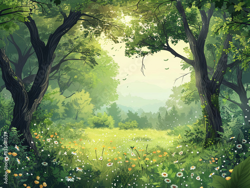 Peaceful forest scene symbolizing harmony with nature  isolated on a green background  ample space for text.