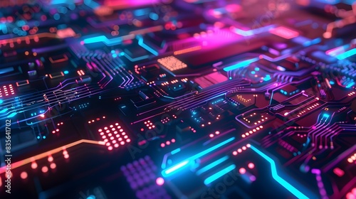 Glowing Futuristic Electronic Circuit Board in Vibrant Neon Colors