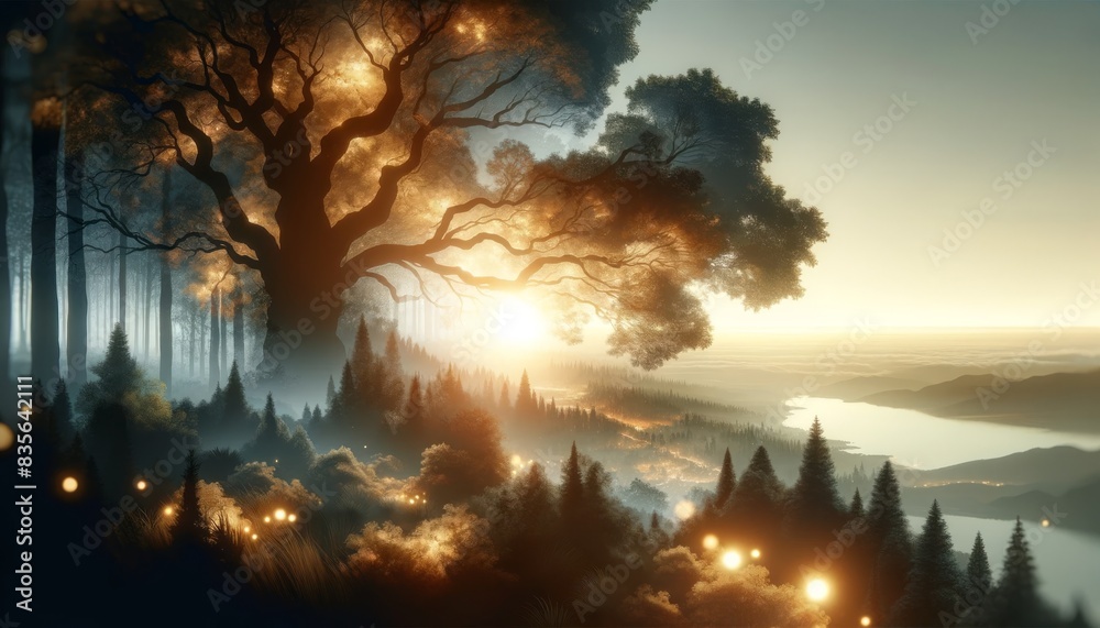 Magical sunrise in an enchanted forest with glowing fireflies, mystical trees, and scenic mountains reflecting light warmly. Magical sunrise in an enchanted forest with glowing fireflies, mystical trees, and scenic mountains reflecting light warmly.