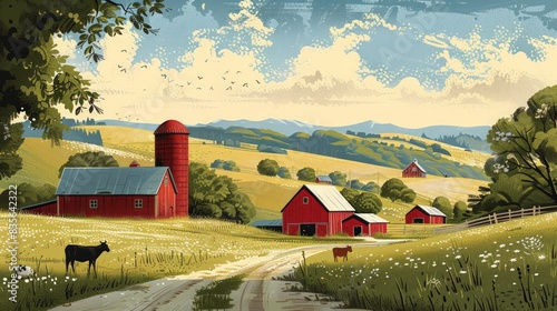 Wallpaper Mural Rustic Farmhouse Scene: Illustrate a rustic farmhouse scene with barns, rolling fields, and farm animals, Torontodigital.ca