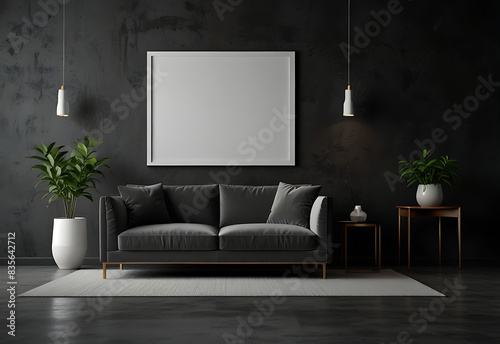 Mockup poster frame in modern living room interior design with dark empty wall. Dark living room interior with empty white poster, sofa, table