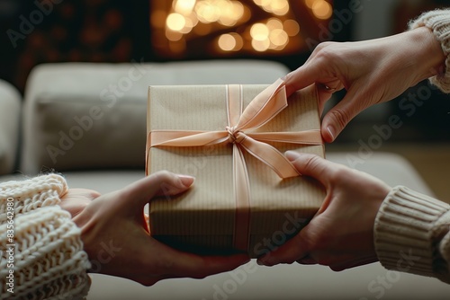 Close-up of hands exchanging a beautifully wrapped gift box with a ribbon, symbolizing heartfelt feelings and holiday cheer, indoors. photo