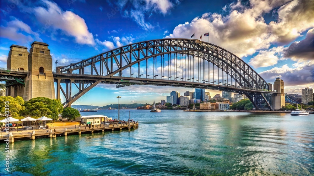 Sydney Harbor Bridge standing proudly on a waterfront, Australia, iconic, landmark, architecture, engineering, structure, steel, harbor, bridge, Sydney, tourism, transportation, skyline