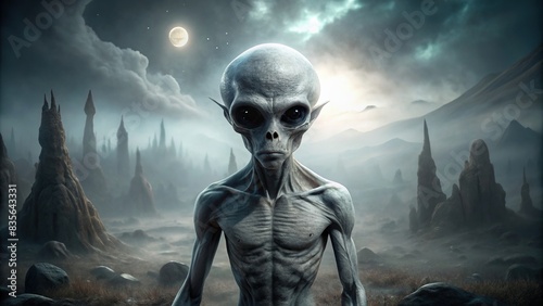 Creepy grey alien standing in dark fantasy landscape , extraterrestrial, mysterious, science fiction, space, horror, creature, fantasy, spooky, sinister, abduction, paranormal, unknown photo