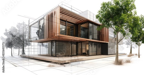 Sketch design and drafting of wireframe of building a modern house becoming real. 3d illustration, Digital project visualization.