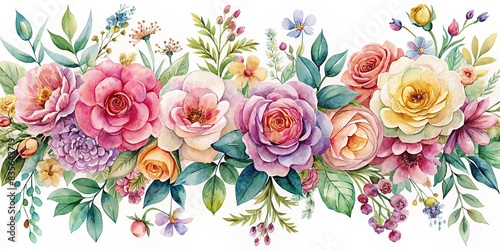 Watercolor floral decorations on a background , Watercolor, floral, decorations,background, art, design, nature, colorful, elements, delicate, hand-painted, petals, leaves, botanical © joompon