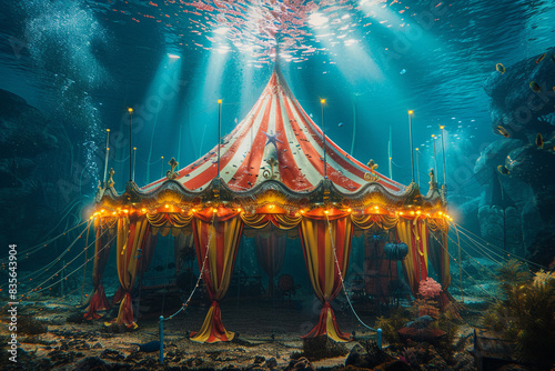 Underwater circus with marine life, vibrant tent, front view, merging entertainment and sea, digital tone, Analogous Color Scheme