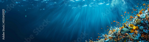 Underwater view of ocean waste entangling marine life, isolated on a deep blue background, copy space for text.