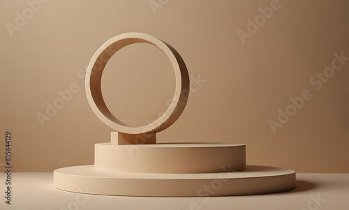 3D realistic white podium stand with circle glass backdrop and natural light on minimal wall scene brown background.