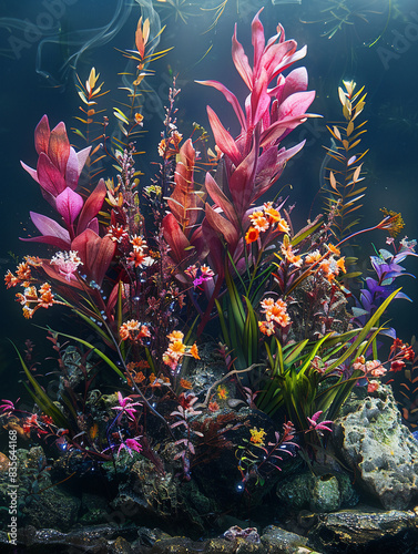 Venom liquid transforming sea plants, altered flora, front view, showcasing toxic effects, sci-fi tone, Tetradic color scheme