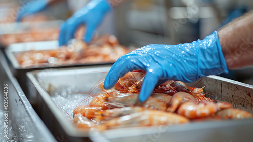 Quality inspection of farmed shrimp on a conveyor of a shellfish and pranws production plant photo