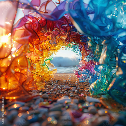 Warped plastic rubbish forming a colorful kaleidoscope, selective focus, theme of environmental impact, surreal, double exposure, beachside backdrop