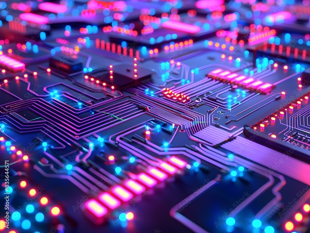 Vibrant Electronic Circuit Board with Glowing Lights and Interconnected Pathways