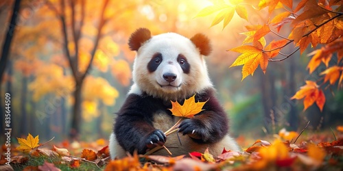 Adorable panda playing with fall leaves in a cozy autumn setting, panda, animal, cute, autumn, fall, leaves, playful, nature, fluffy, adorable, wildlife, season, forest, foliage, playful photo