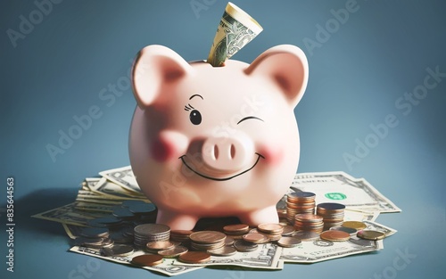 pink piggybank stuffed with dollar bills banknote overflow coin smile happy wink