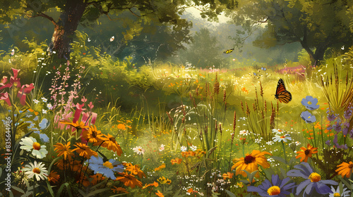 Sun-dappled meadow filled with colorful wildflowers, butterflies fluttering about, and a gentle breeze rustling the grass