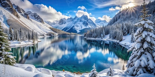 Snow-covered lake nestled in the mountains , winter, snowy, tranquil, serene, landscape, nature, cold, frozen, scenic, outdoor, remote, solitude, wilderness, icy, frosty, panoramic photo