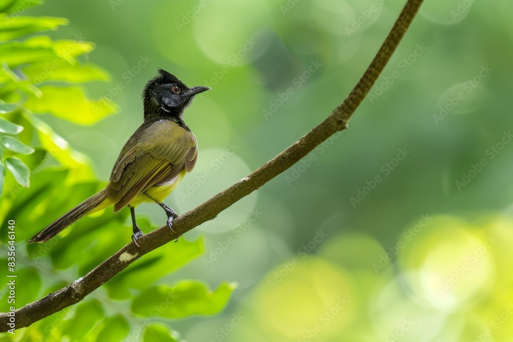 Bird perched on a branch in a green forest. Nature photography. Bird perched on a branch in a green forest. Nature photography.