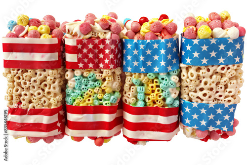 A row of four boxes of cereal with a red, white, and blue striped wrapper