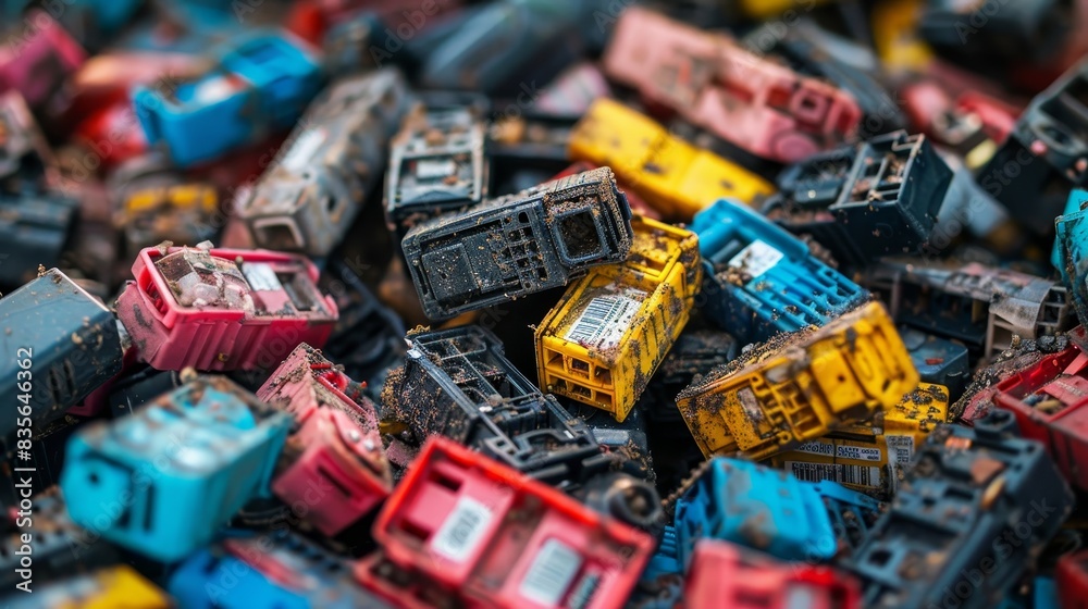 Close-up of a garbage pile full of empty ink cartridges, showing different shapes and sizes