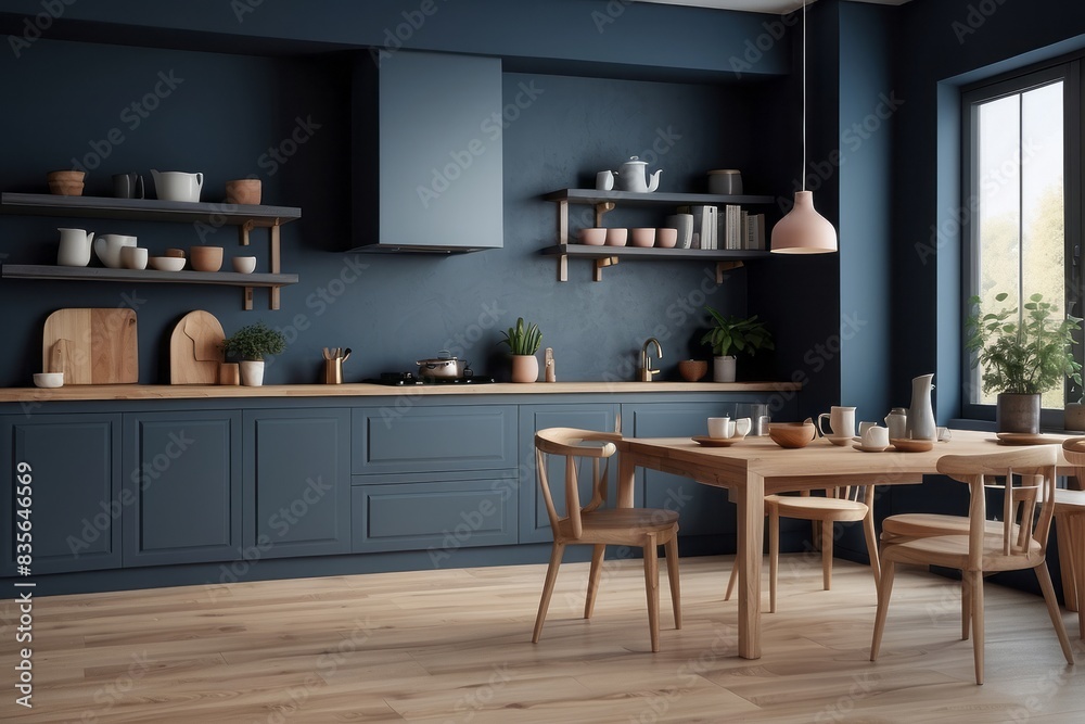 Interior home of luxury kitchen corner on dark blue wall, hardwood floor