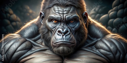 Close up portrait of a bodybuilder gorilla posing, gorilla, close-up, portrait, bodybuilder, posing, muscles, strong, powerful, animal, wildlife, nature, majestic, fierce, muscular, gym © mahat