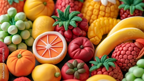 Close-up of a 3D plasticine fruit bowl featuring a variety of fruits like apples, bananas, grapes, and oranges in vivid colors