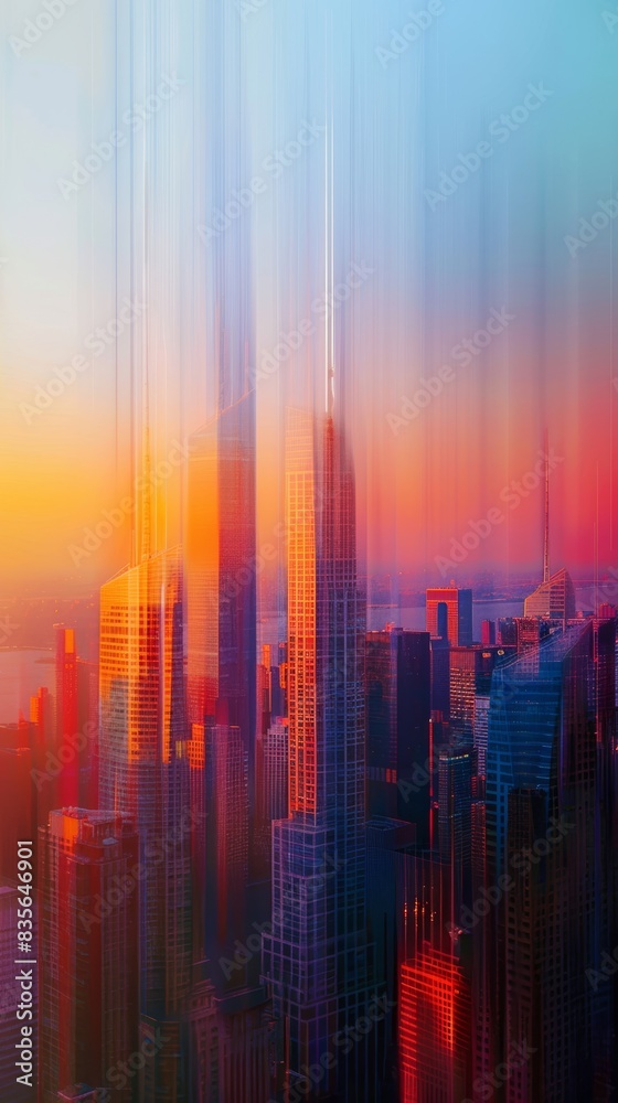 Fototapeta premium Soft-focused city skyline in blue and pink hues at dusk, capturing an abstract beauty. Abstract depiction of a city skyline.