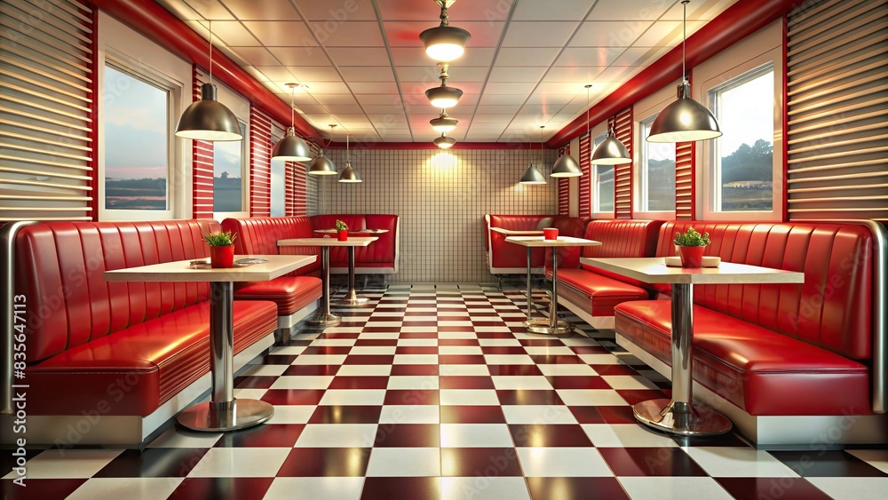 Retro diner setting with red vinyl booth seating and classic checked