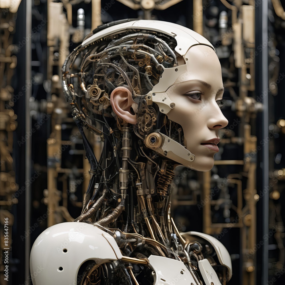 Fototapeta premium Masked Figures: A blend of humans and mannequins don futuristic masks, depicting a blend of technology and humanity in a dark, cyber-futuristic setting