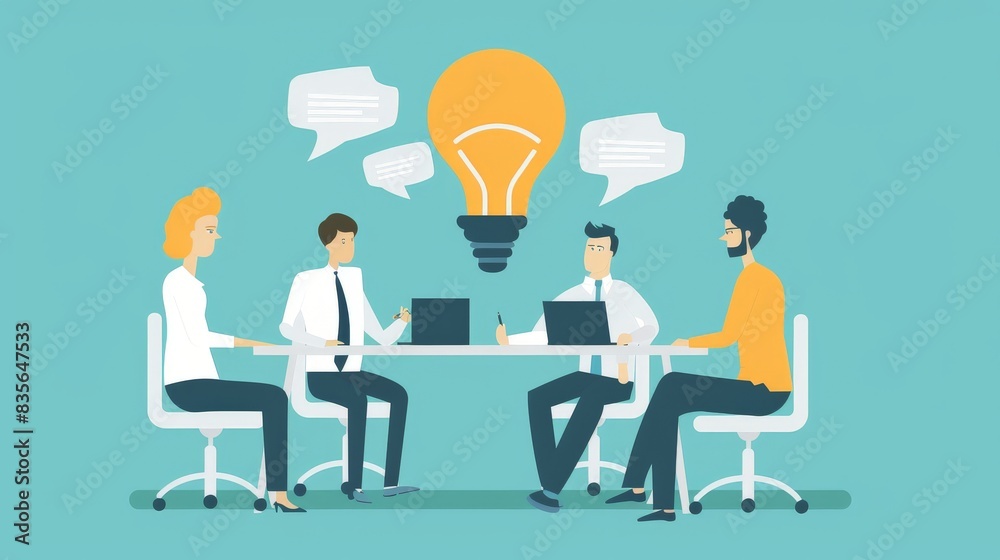 An illustration in 2D flat style showing a character engaging in a business meeting with team members. The minimalist design highlights the importance of communication and collaboration in a startup An illustration in 2D flat style showing a character engaging in a business meeting with team members. The minimalist design highlights the importance of communication and collaboration in a startup