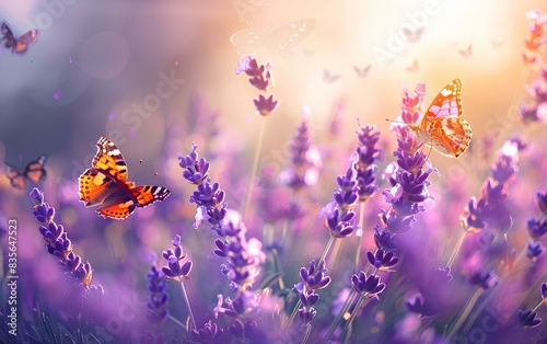 Beautiful and amazing colorful natural views. Lavender flowers and two butterflies in the summer sun in spring outdoors on a very stunning nature macro