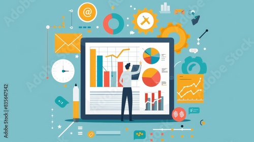 A flat design depiction of a character researching competitors and market opportunities on a tablet. The minimalist background focuses on the analytical and strategic elements of business development.