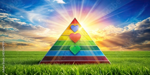 A conceptual stock photo depicting the hierarchy of needs theory, with various elements symbolizing physiological, safety, love/belonging, esteem, and self-actualization needs, Maslow photo