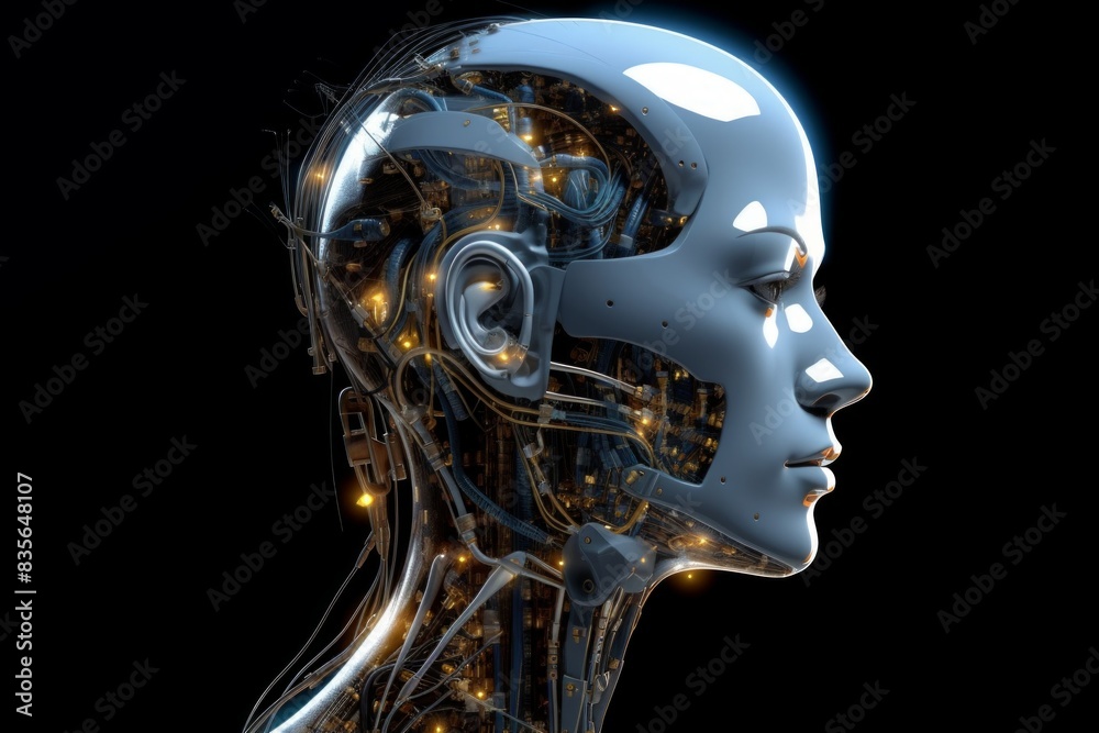 Futuristic design of an android head, with visible wires, connections, and nodes. The cybernetic elements are meticulously integrated, portraying a technological marvel and the convergence of human Futuristic design of an android head, with visible wires, connections, and nodes. The cybernetic elements are meticulously integrated, portraying a technological marvel and the convergence of human