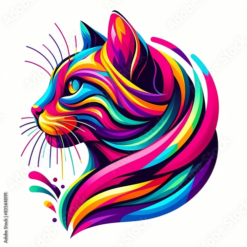 vibrant, stylized illustration of a Bengal cat head with a spectrum of bright, bold colors © Rohal