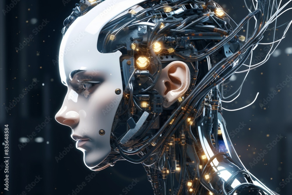 Futuristic design of an android head, with visible wires, connections, and nodes. The cybernetic elements are meticulously integrated, portraying a technological marvel and the convergence of human Futuristic design of an android head, with visible wires, connections, and nodes. The cybernetic elements are meticulously integrated, portraying a technological marvel and the convergence of human