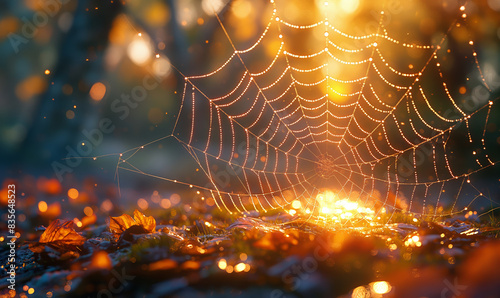 Dew Covered Spider Web Close Up.