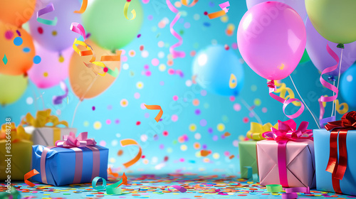 Sparkling New Year Surprise  A sparkling New Year celebration with golden balloons, a gift box, and a curtain...