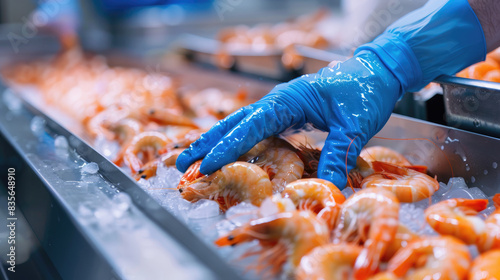 Quality inspection of farmed shrimp on a conveyor of a shellfish and pranws production plant photo