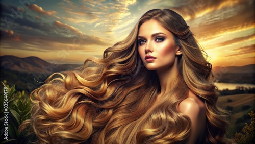 Landscape of a woman with long and glossy wavy hair , beauty, hairstyle, feminine, glamour, shiny, flowing, elegant, perfect, natural, luxury, healthy, carefree, brunette, texture, volume
