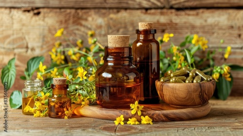 Herbal tea tincture and extract stored in bottles oil in capsules and Saint John s Wort herb placed on a wooden surface Medicinal herb Hypericum perforatum intended for herbal medicine home photo