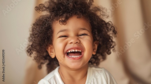A young child with curly hair smiles joyfully. photo